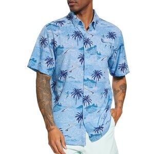 Bassdash Men's UPF 50+ Short Sleeve Button Down Shirt palm trees 2X fishing
